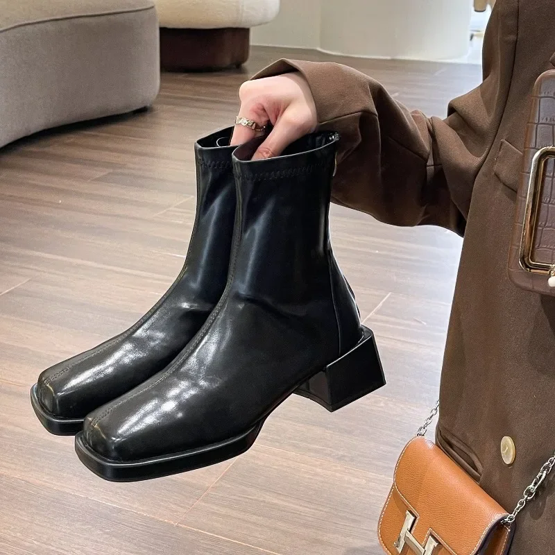 

Fashion Black Square Head Thick Heel Short Boots Female Single Boots 2024 New Thin Female Boots Wedges Shoes for Women