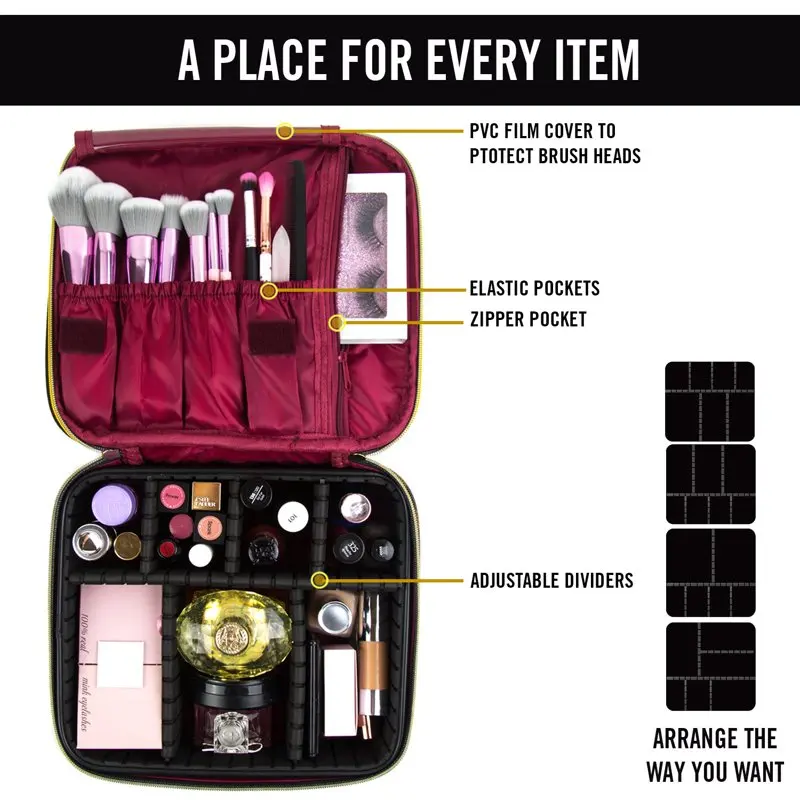 Checkered Makeup Organizer Cosmetic Bags Woman Portable Toiletry Travel Bag with Adjustable Partition For Tools , Jewelry ,Brown