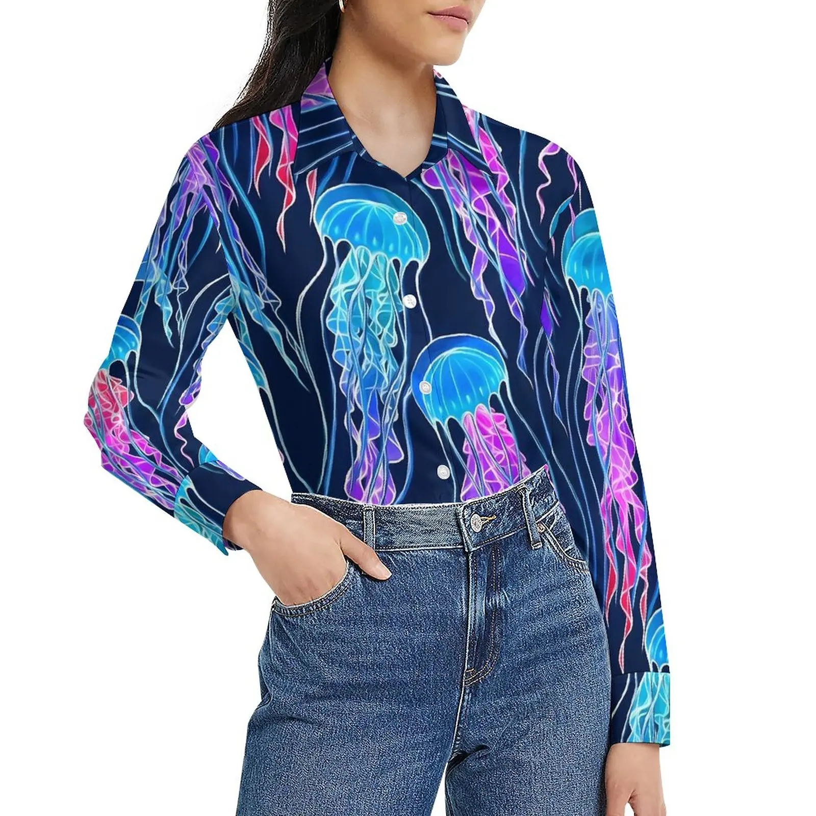 

Голубая желтая блузка, женские повседневные свободные блузки с радужной Медузой, забавная рубашка с длинным рукавом, одежда на заказ, больш...