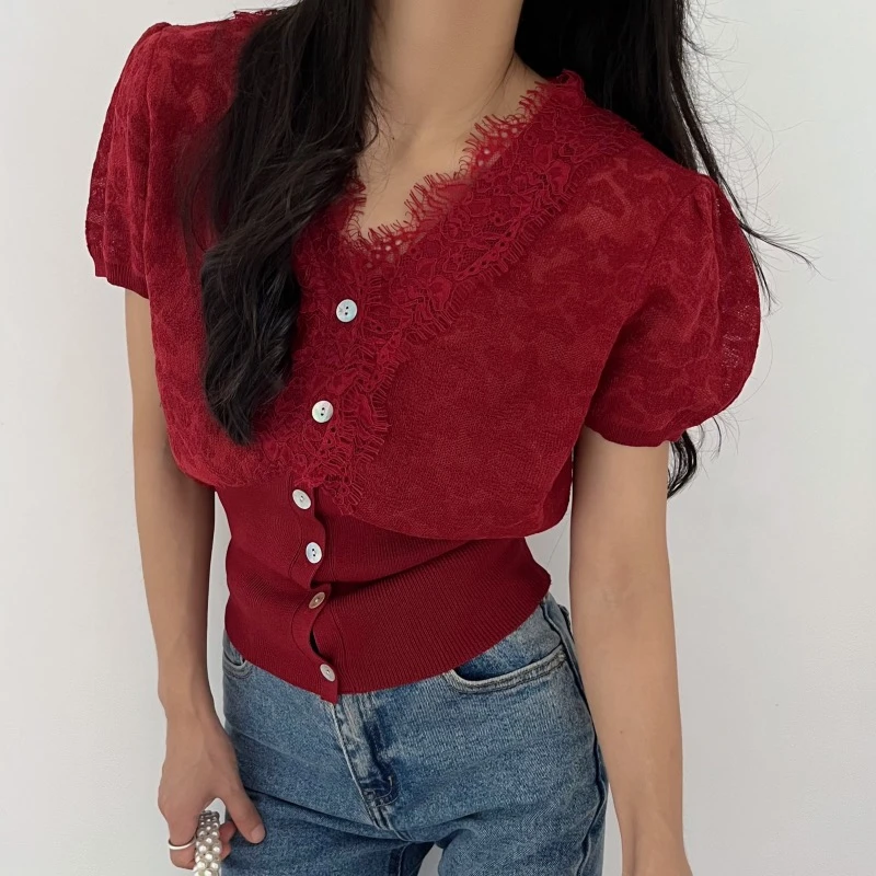 Neploe модные винтажные вязаные топы с v-образным вырезом Lcae Mujer 2024 новые летние