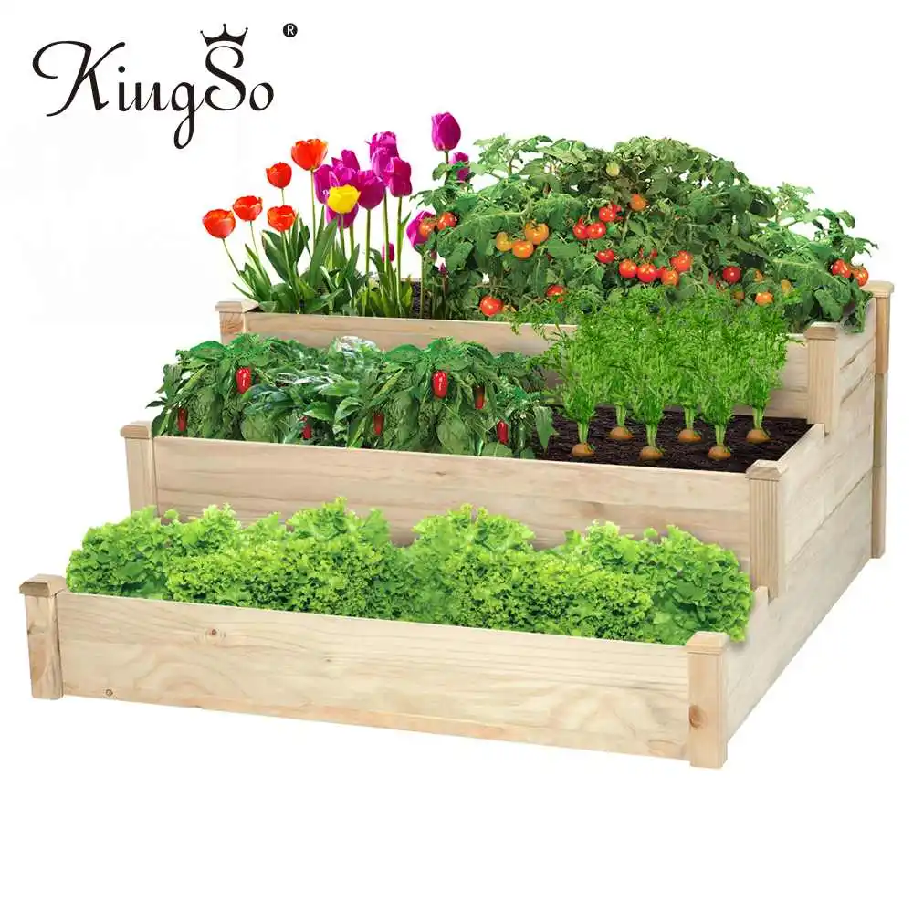 KINGSO 3 Tier Raised Garden Bed Outdoor Planter Box Wooden Vegetable/Flower/Herb Nursery Flower Bed Garden Pot Garden Supplies