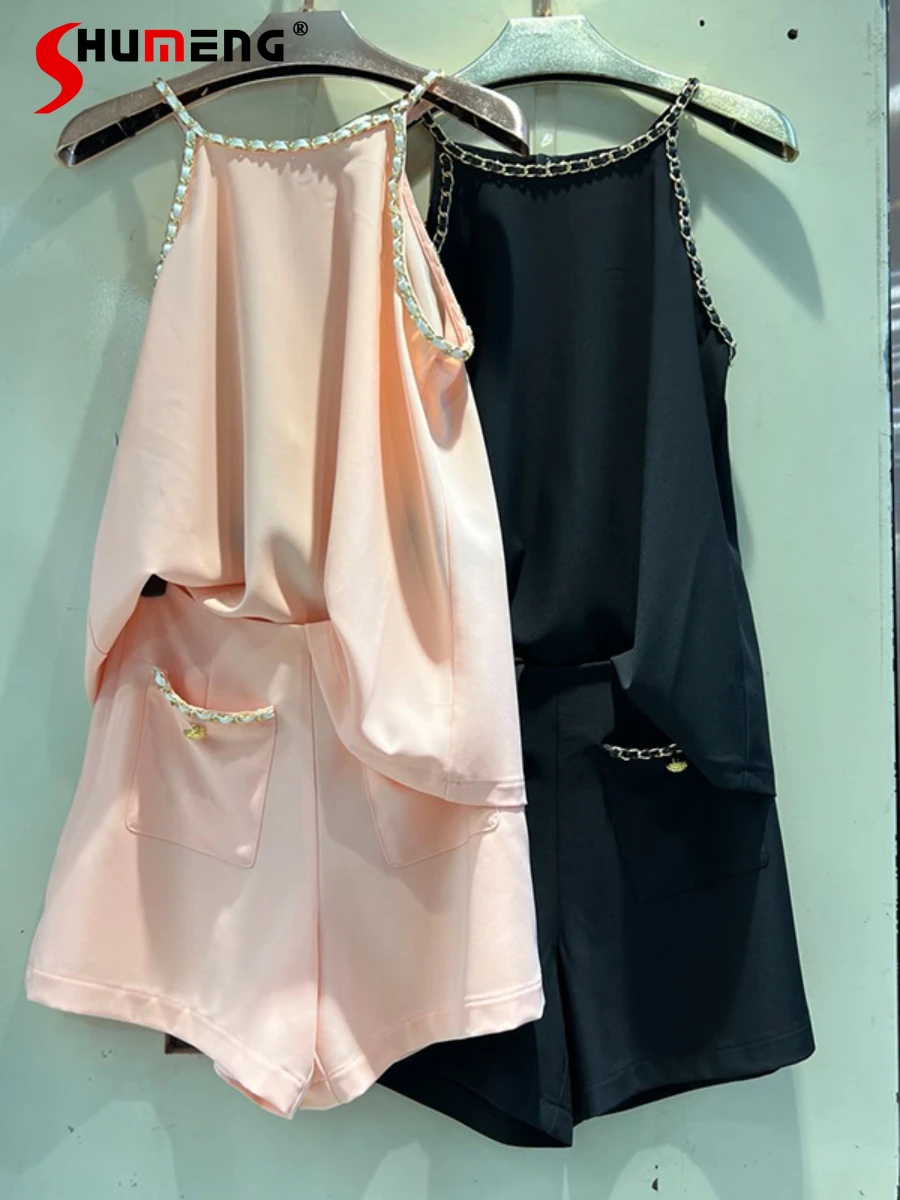 

2022 Summer New French Style Fashion Slimming Chain Spaghetti-Strap Camisole Top Women High Waist Wide Leg Shorts Two-piece Set