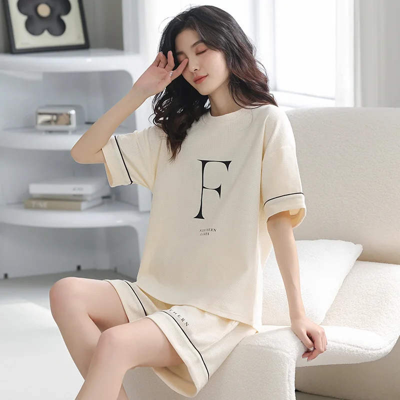 The New Pajamas for Women's Summer Cotton Waffle Short-sleeved Shorts Highend Comfortable Home Service Suits Can Be Worn Outside