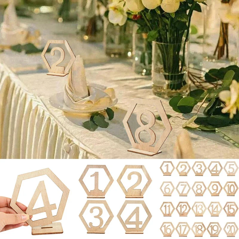 

10PCS 1-20 Numbers Wood Signs Wedding Engagement Table Wooden Sign Hexagon Seat Numbers Sign with Base Party Decor Supplies