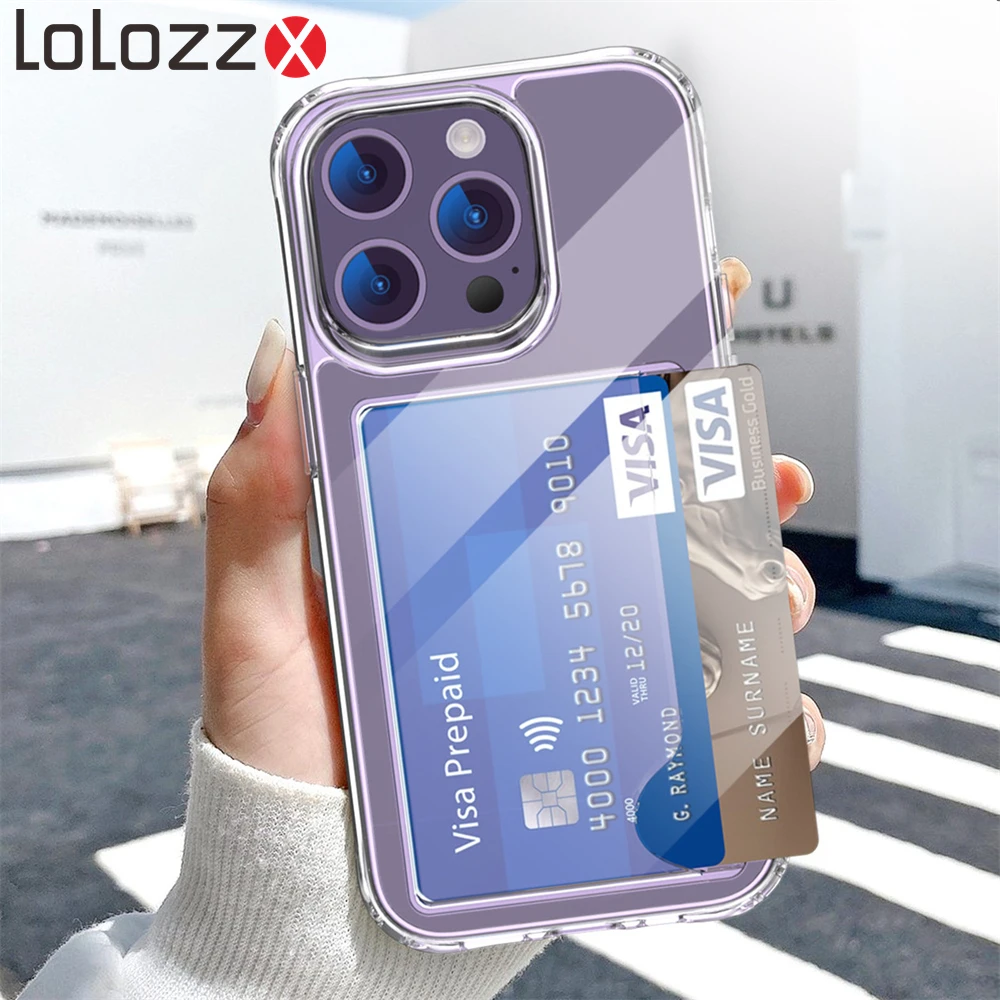 아이폰 16 15 Pro Max 17 14 13 12 11 XR XS 15 Plus HD 아크릴 커버, 사각형 모서리 낙하 방지 카드 슬롯 가방 투명 케이스