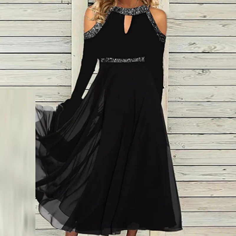 

Sexy Shinny O Neck Pleated A-Line Dress Elegant Solid Long Sleeve Autumn 2022 Waisted Party Dress Lady Hollow Mesh Long Dress