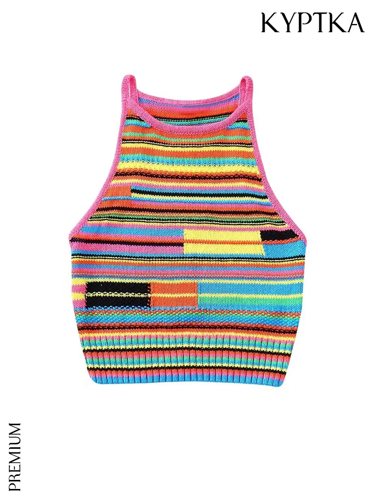 

Женские Модные Полосатые укороченные трикотажные майки KYPTKA, винтажные женские майки без рукавов с круглым вырезом