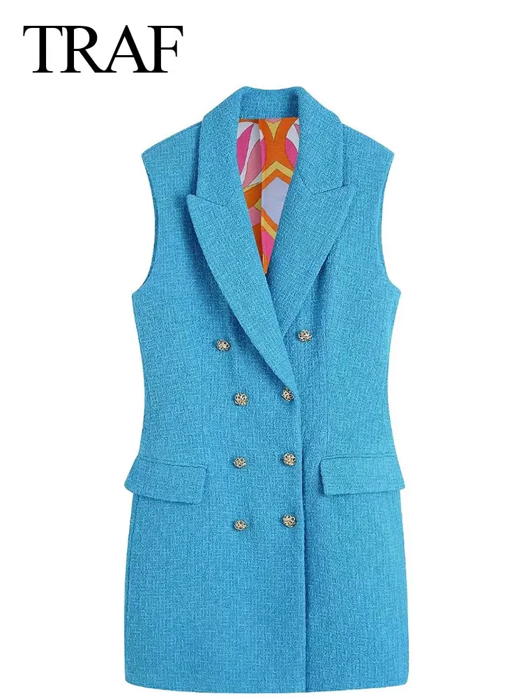 

TRAF 2022 Fashion Chic Vest Blazer Sleeveless Suit Collar Double Breasted Jacket Solid Blue Pocket Slim Long Coat Office Ladies
