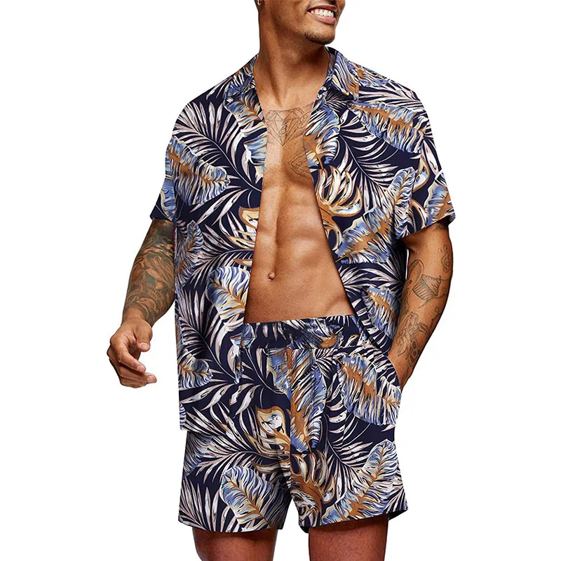 

Гавайский костюм для мужчин, рубашка с коротким рукавом, на пуговицах, пляжные шорты, с цветочным принтом, повседневный комплект из 2 предметов для поездок, лето