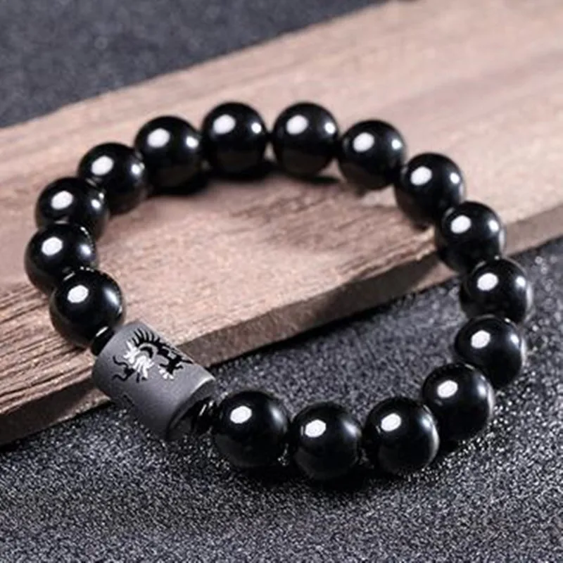 10MM Natural Black Obsidian Carved Buddha Lucky Amulet Round Beads Strand Bracelet For Women Men Jewelry