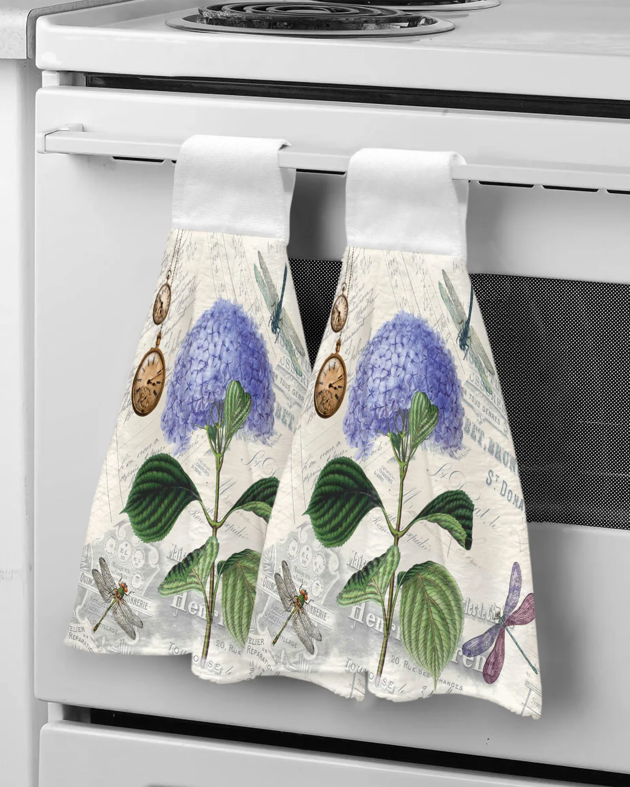 

Purple Flower Dragonfly Vintage Clock Retro Hand Towel Wipe Dishcloths Hang Absorbent Cloth Kitchen Tools Accessories