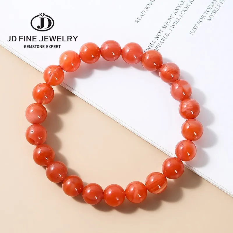 

JD Natural Stone South Red Agate Beads Bracelet Women Fashion Smooth Round Stone Elastic Jade Strand Bangles Eneryg Jewelry