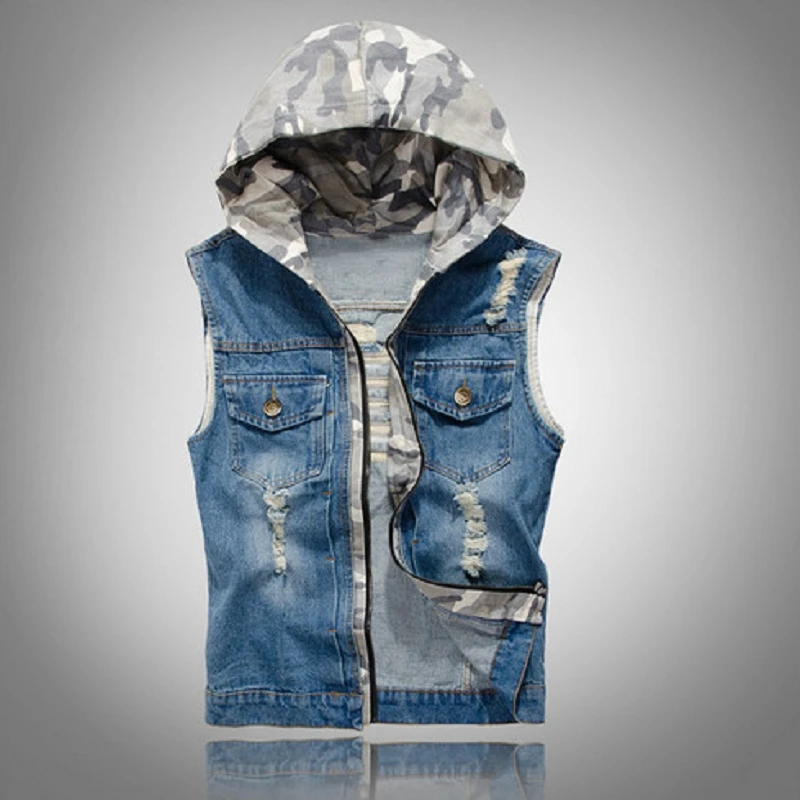 Жилет мужской джинсовый с потертостями повседневный приталенный пиджак дырками