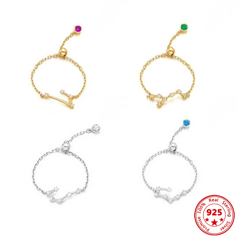 

2023 New Fashion 100% 925 Sterling Silver Zircon Ring 12 Constellation For Women's Opening Finger Rings Charm Festivals Jewelry
