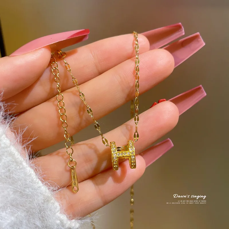 

New 18K Gold Plated Charm H Shape Necklace Pendant Stainless Steel Tarnish Free Waterproof Zircon Necklace