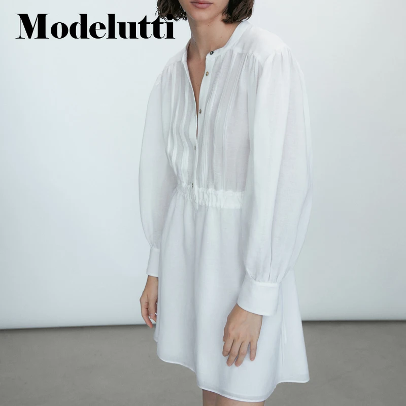 

Modelutti 2022 New SPring Autumn Fashion Long Sleeve Dress White Solid Color Belt Women Simple Casual Elegant Mini Dress Female