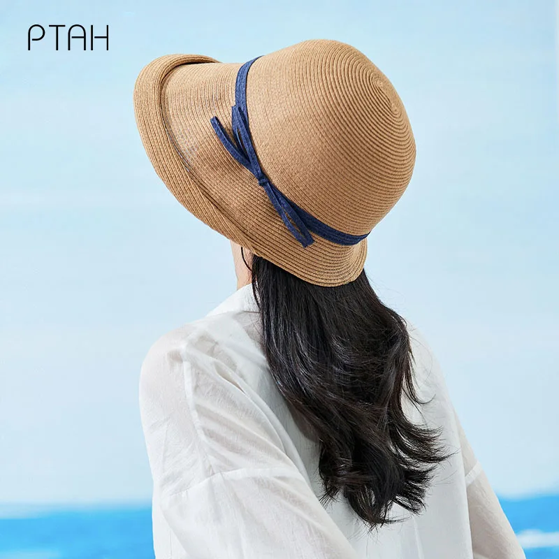 PTAH-sombrero de paja enrollable de ala ancha para mujer, gorra de playa plegable, ligera, transpirable, protección solar, UPF 50 +
