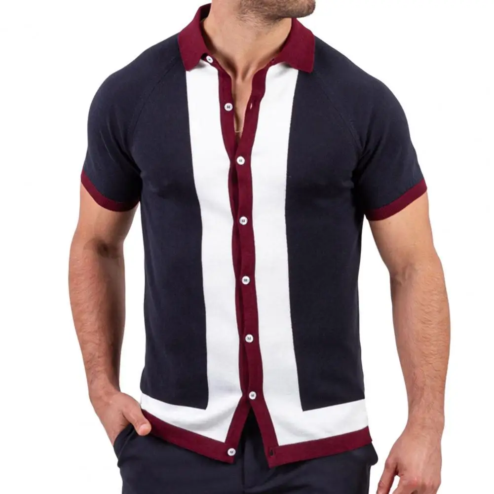 

Men Shirt Formal Short Sleeevs Slim Fit Contrast Color Single-breasted Men's Knitwear Short Sleeve Polo Shirt Summer Tops