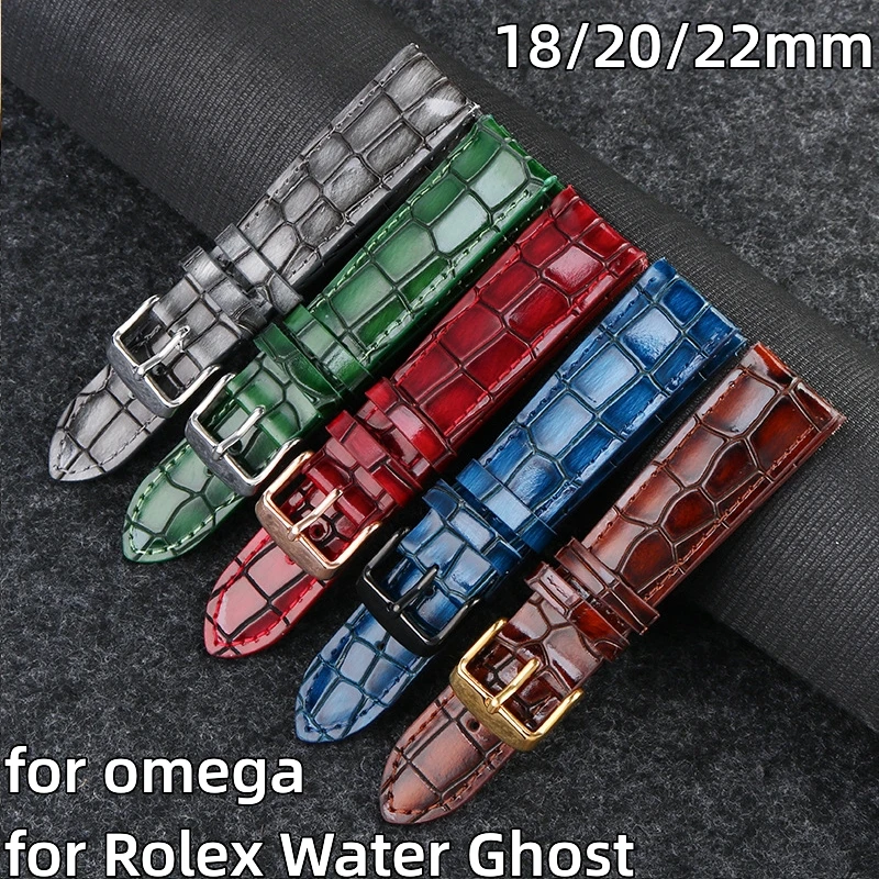 

Ремешок из натуральной телячьей кожи для часов Omega, браслет из блестящей кожи с винтажным крокодиловым узором для часов Rolex Water Ghost, 18 мм 20 мм 22 мм