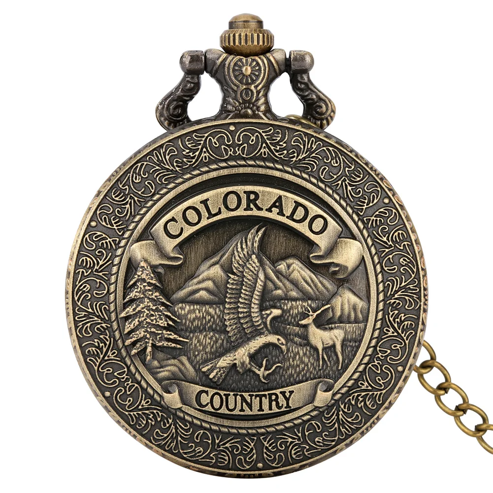 

Vintage Bronze Quartz Pocket Watch Men's Thick Chain Colorado Eagle Arabic Numeral Dial Man Pendant Necklace Watches Collection