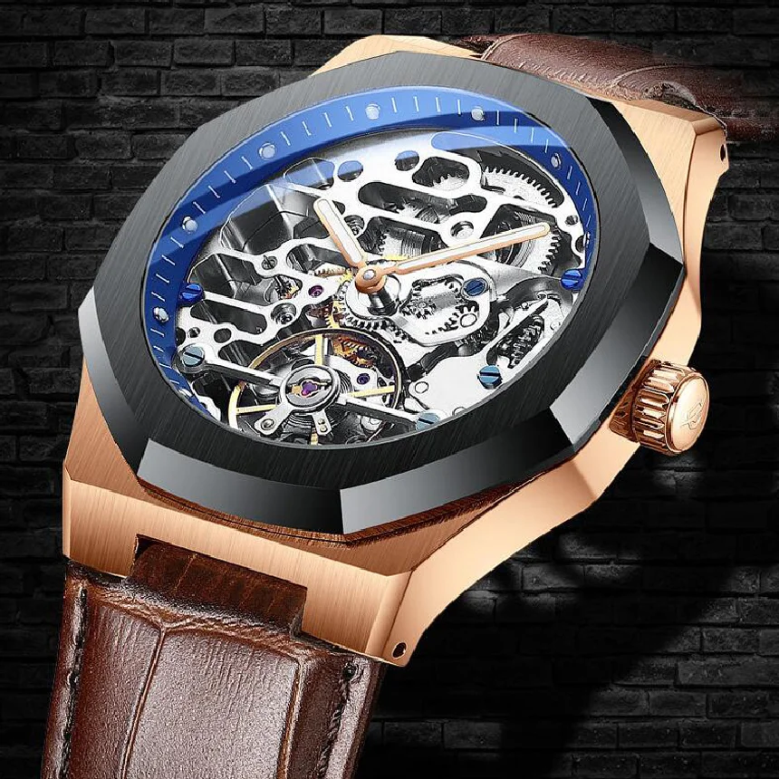

AILANG Fashion Men's Top Brand Luxury New Men Waterproof Automatic Mechanical Watch Rose Gold Case Vintage Leather Strap 8652