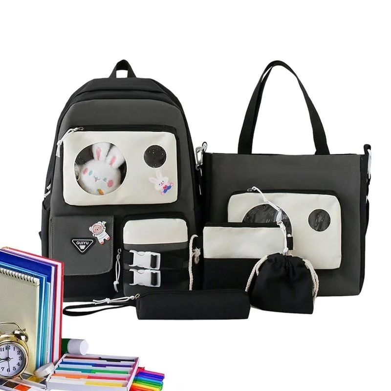 

Cute Backpack Set For Girls Aesthetic School Backpacks With Pins And Plush Pendants 5 Piece Large Capacity Waterproof Bag
