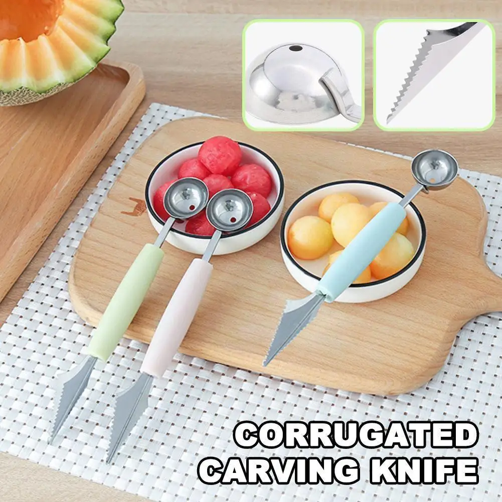 

2 In 1 Ice Cream Ball Spoon Double Steel Melon Baller Digging Carving Spoon Watermelon Knife Kitchen Platter Cut Fruit X4g9