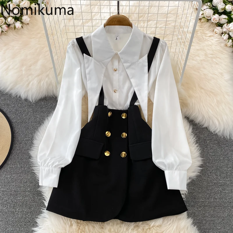 

Nomikuma Conjuntos De Falda Spring Autumn Turn Down Collar High Waist Wide Leg Ensembles De Jupes Vintage Fashion Dress Sets
