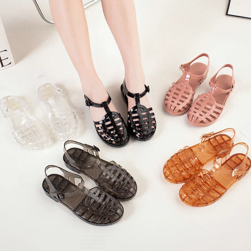 Summer Women Transparent Crystal Plastic Jelly Candy Color Sandals Female Closed Toe Flat Shoes Hollow Retro Beach Slippers