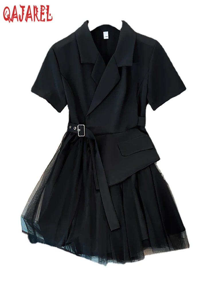 

2023 летнее черное лоскутное Сетчатое платье с имитацией двух частей, корейский элегантный облегающий костюм, платье для женщин, новое офисное женское платье с коротким рукавом