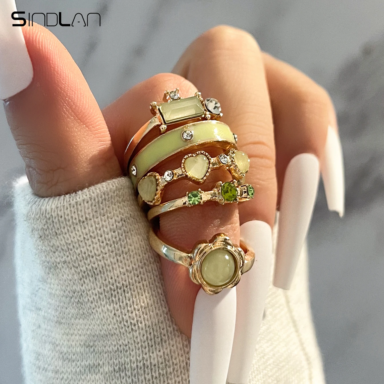 

Sindlan 5Pcs Aesthetic Crystal Gold Color Rings for Women Kpop Heart Green Set Teenagers Girls Y2k Jewelry Anillos Mujer Bague