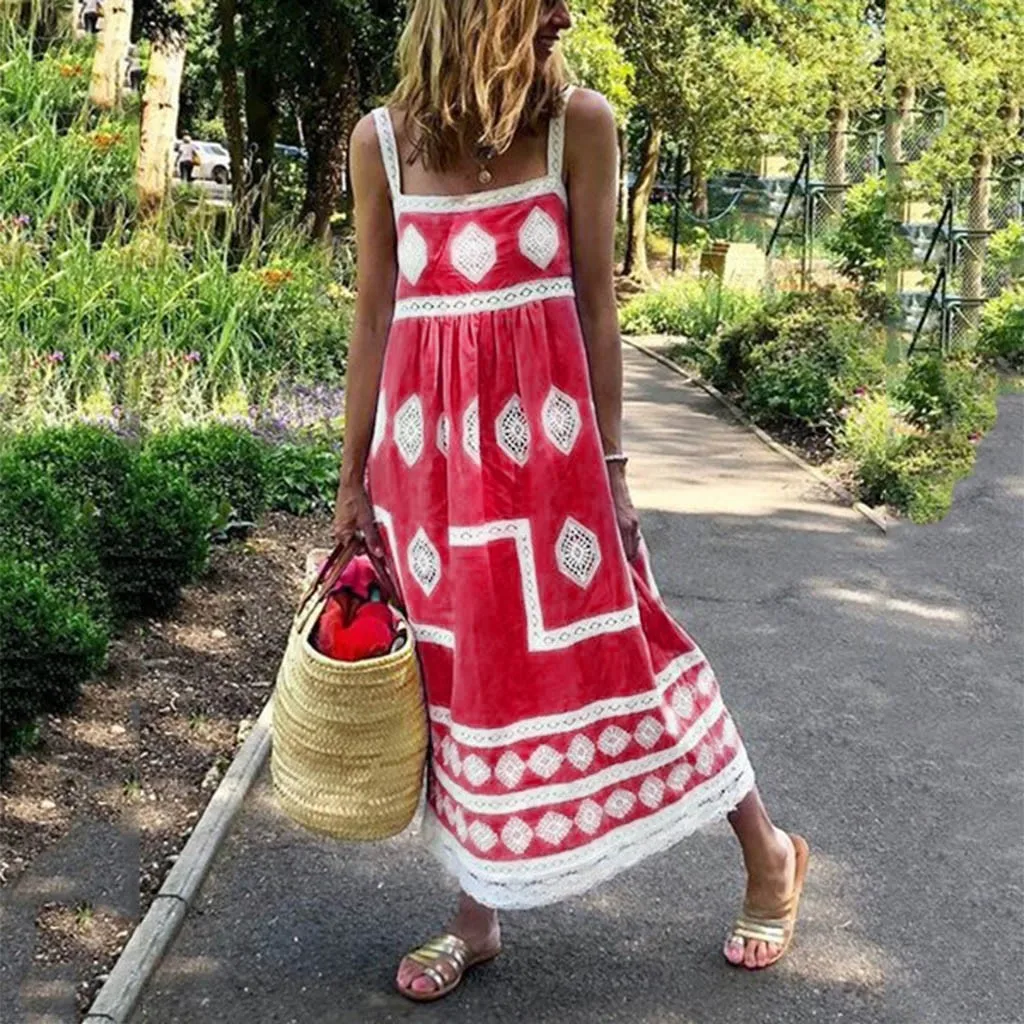 

Holiday Big Women Print Summer Beach Dress Maxi Swing Dress Strap Boho Women's Casual Dress Mother of The Dresses Long Length