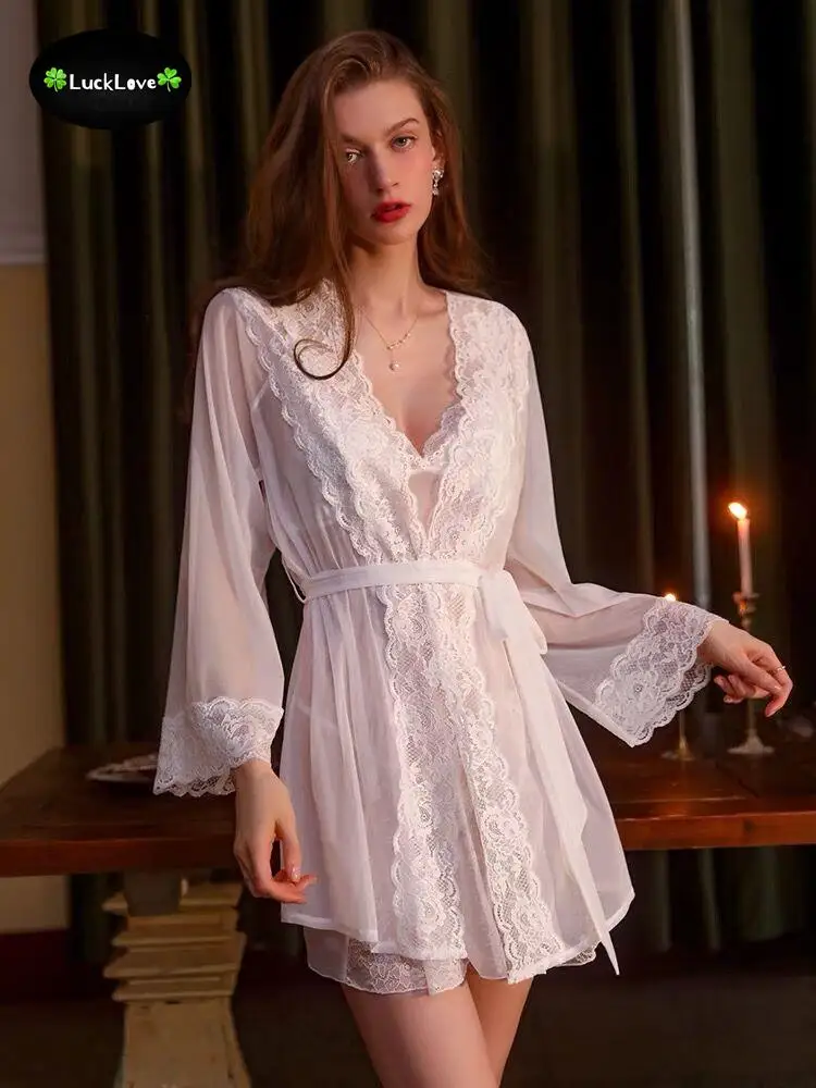 

Sexy Lace Bridesmaid Robes Sheer Dress Bath Robe with Lingerie Sets Porno See Through Underwear Sexi Female Nightdress 3 Pieces