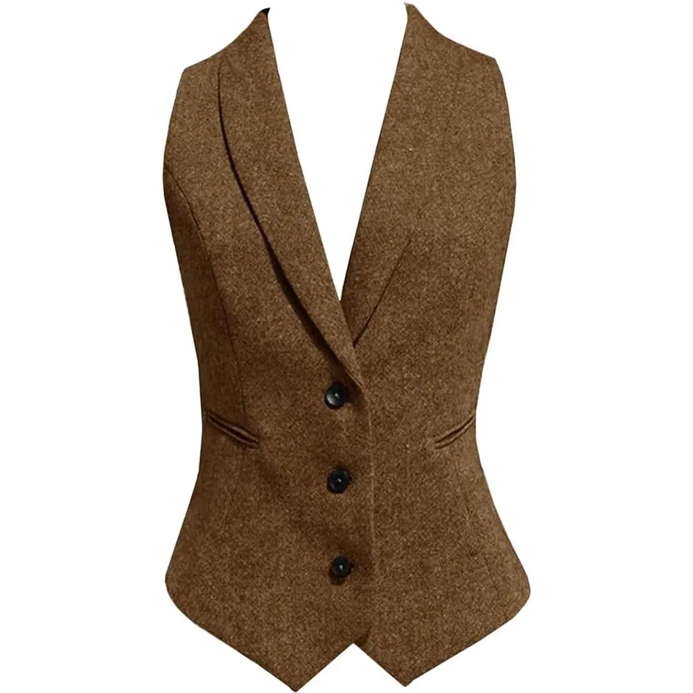 

Women's Vintage Waistcoat Herringbone Tweed Slim Fit Button V-Neck Dressy Suit Vest Business Jacket Ladies vests for women