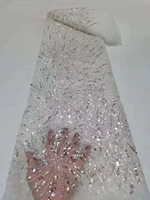 oemg 2022 luxury beaded lace fabric crystal handmade tulle mesh sequins lace fabrics nigerian lace fabric for wedding rf0036