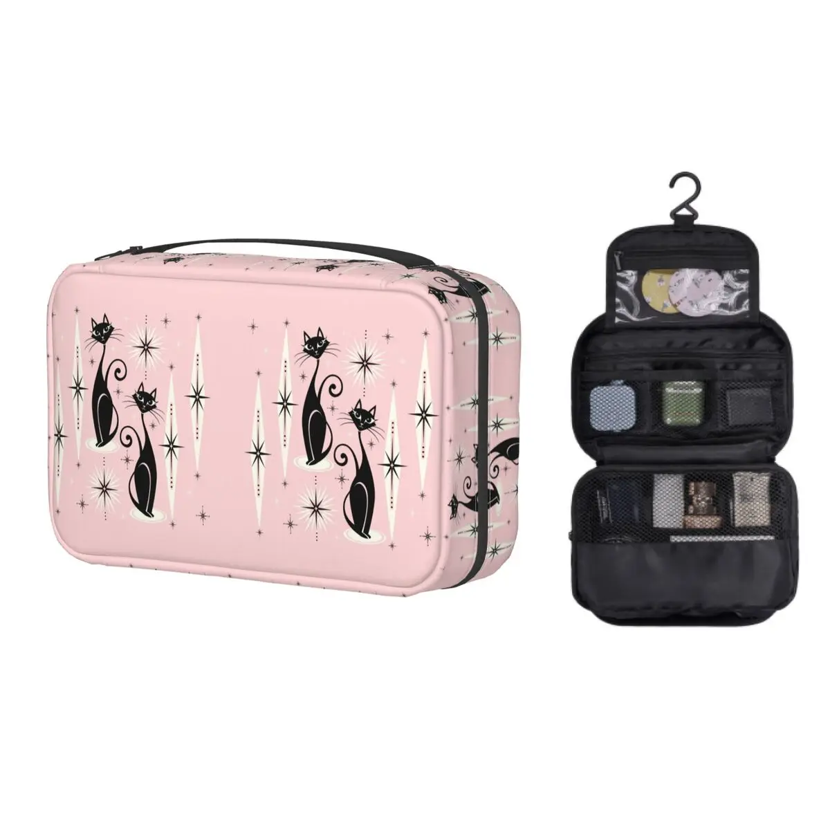 

Милая косметичка в виде черной кошки, Женский дорожный косметический Органайзер, милая сумка для путешествий в стиле миди века, «Мяу», «атом...
