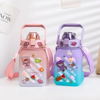 new 1500ml sports water bottle with straw large capacity water cup outdoor plastic drink bottle for girls with cartoon stickers