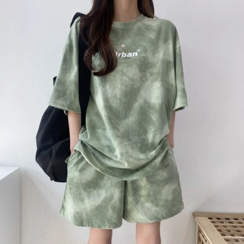 

2022 Summer Women Clothing Set Short Sleeve Tshirt+Shorts 2Pcs Camouflage Tie-Dyed Loose Tees Tops Sports Casual Suit New