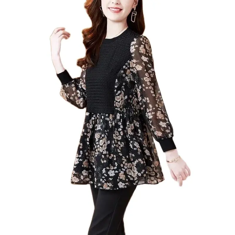 

Floral Chiffon Shirt Women's Tops Spring/Summer 2022 New Loose Show Thin Receive Waist T-Shirt Long Sleeves Pullover Jumper