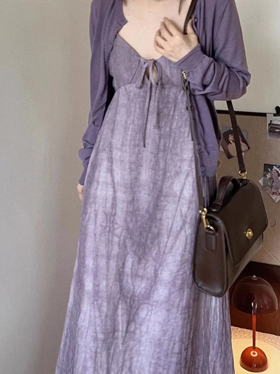 Осень 2024 новое китайское ретро платье на бретельках с рисунком тушью кардиган