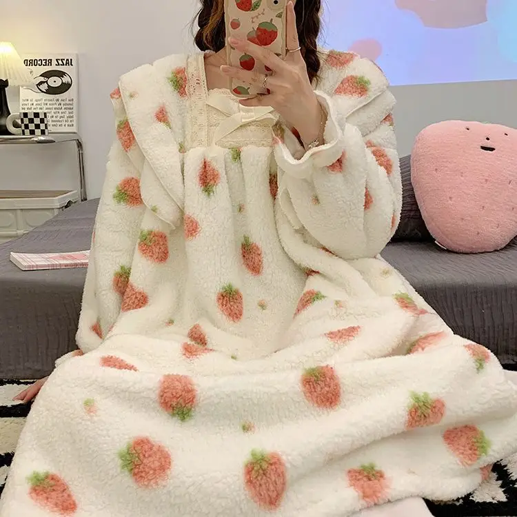 Yasuk Winter Fashion Women's Casual Lovely Print Strawberry Lace Warm Soft Sleepwear Loose Pajamas Nightdress Flannel Pullover