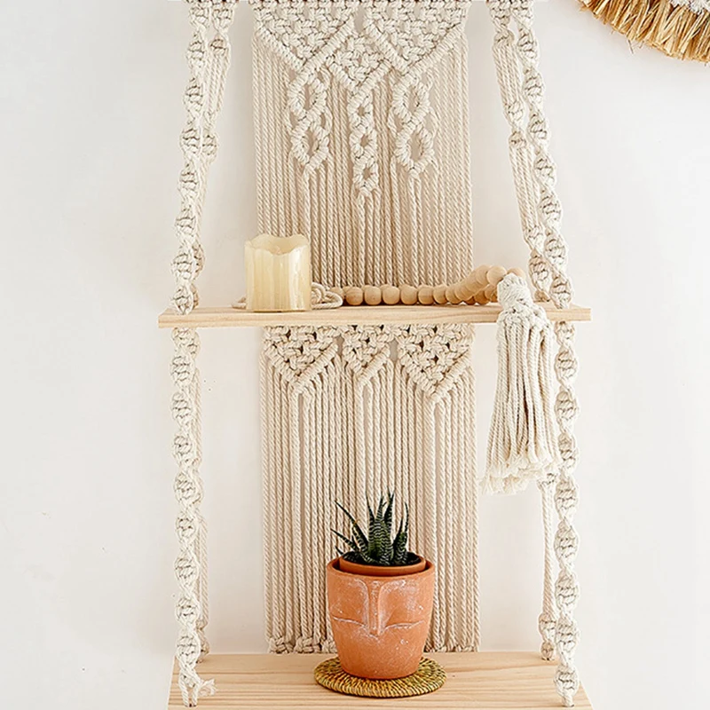 Настенная подвесная полка-Макраме в стиле бохо трехуровневый Плетеный