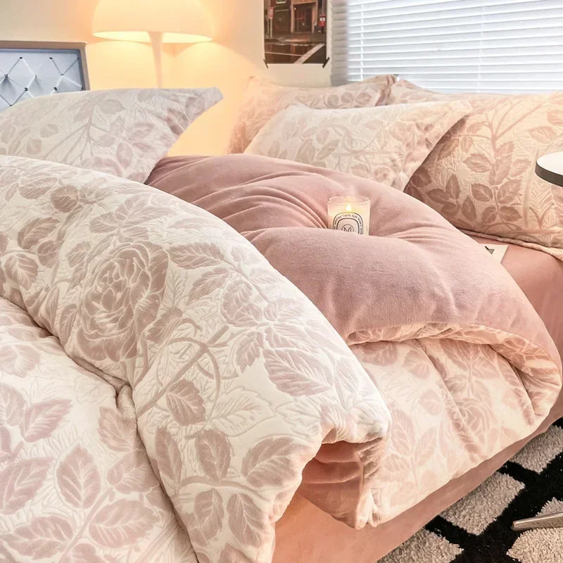 New thickened carved milk fleece four-piece set coral winter flannel sheet mattress quilt cover bedding