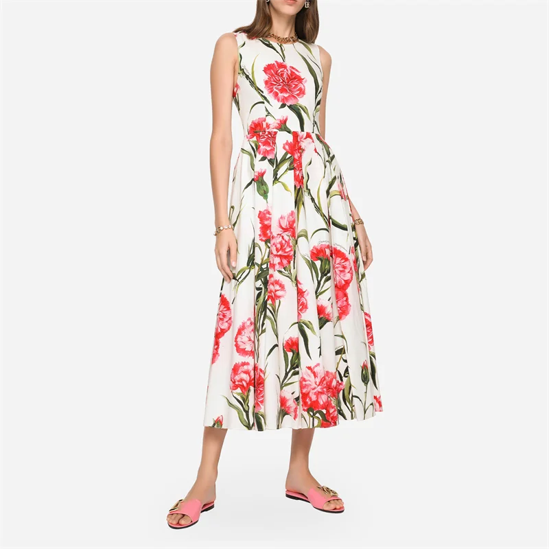 

Summer new women's pure cotton round neck carnation print sleeveless long skirt high quality y2k fashion casual mid-length skirt