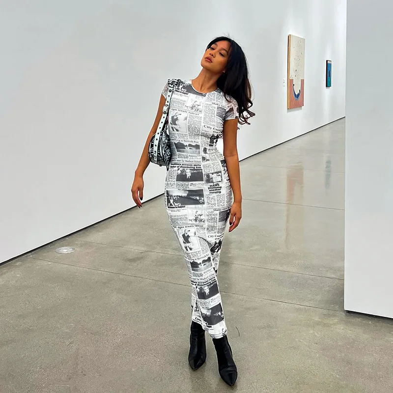 

Женское летнее платье, новые модные сексуальные облегающие длинные платья с принтом газет и коротким рукавом