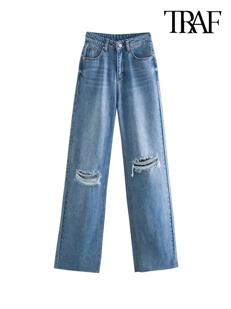 

TRAF Women Chic Fashion Ripped Hole Wide Leg Jeans Vintage High Waist Zipper Fly Denim Pants Female Trousers Mujer