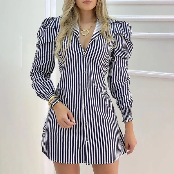 Купи Bubble sleeve dress for women's new Korean style temperament lapel long sleeve striped shirt dress за 505 рублей в магазине AliExpress