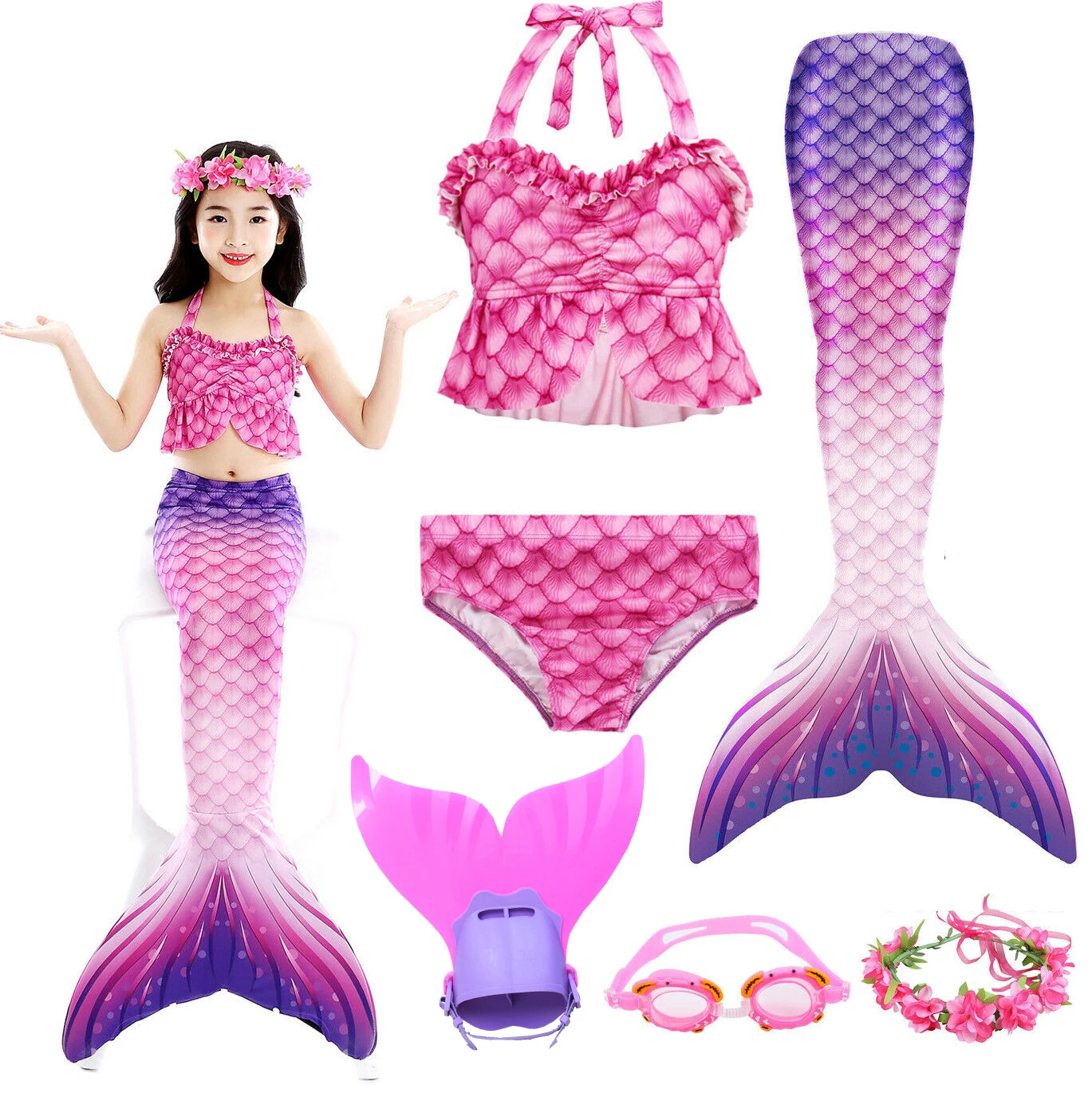 2022 Girls Swimming Mermaid tail With Monofin Flipper Mermaid Costume Cosplay Children Swimsuit Fantasy Beach Bikini