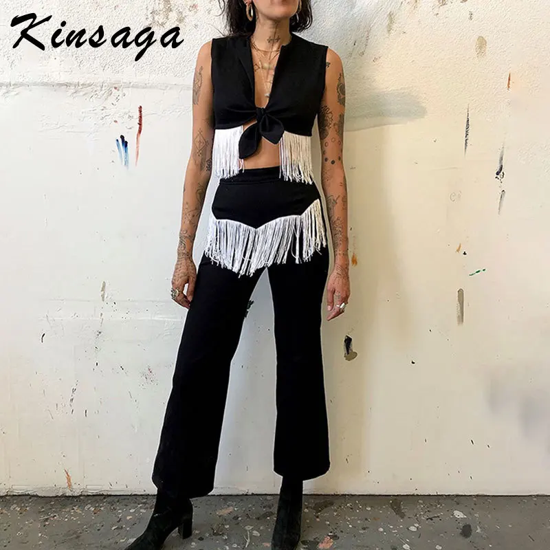 

Fashion Tassel Patchwork Pants 2 Piece Set Women Sleeveless Lace Up Cropped Tops Outfits Casual Zipper Flare Pants Matching Set
