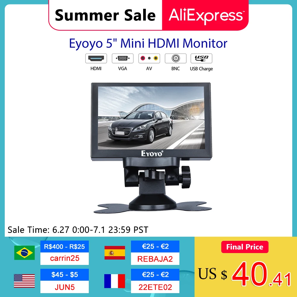 

Eyoyo S501H 5.5" IPS HDMI display 4:3 LCD mini screen 800x480 support VGA BNC AV USB with remote control for pc CCTV security